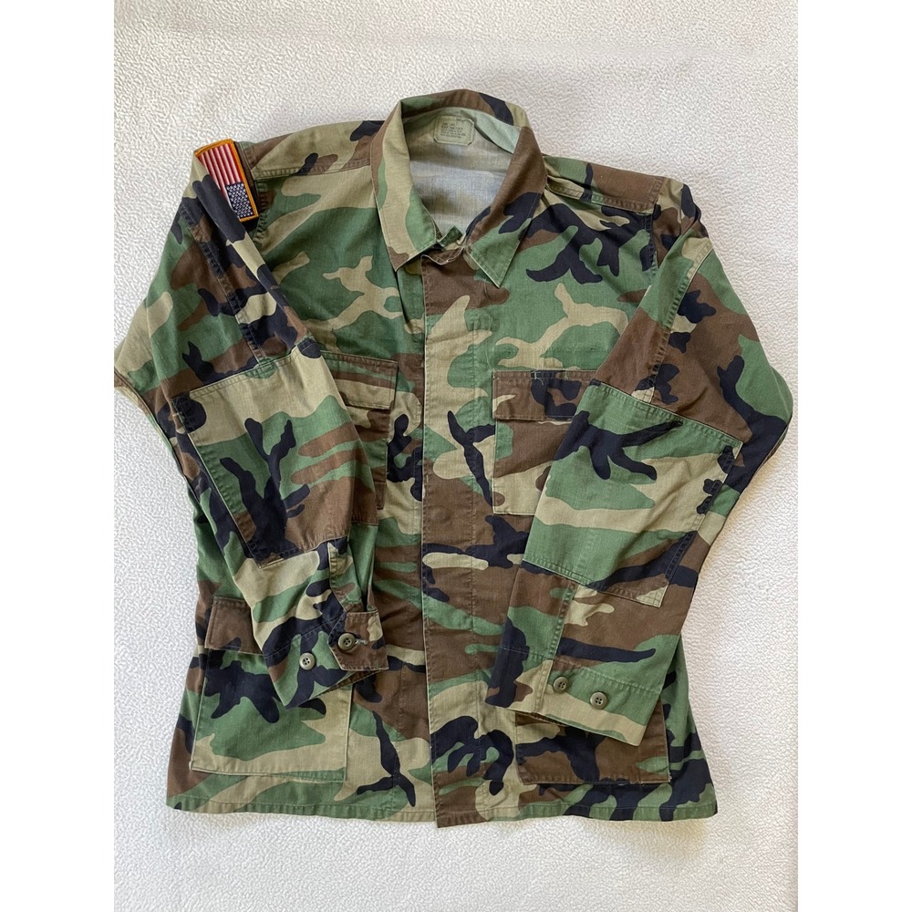 Golden Manufacturing Mens Large Long Combat Coat Green Woodland Camo BDU Jacket